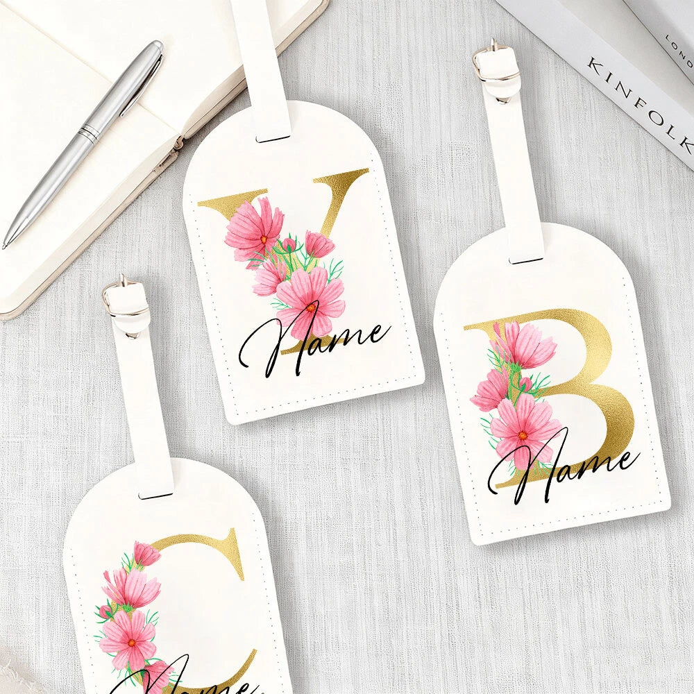Personalised Golden Letters + Flower Luggage Tag, Custom Name Suitcase Label Baggage Tags Travel Accessorie