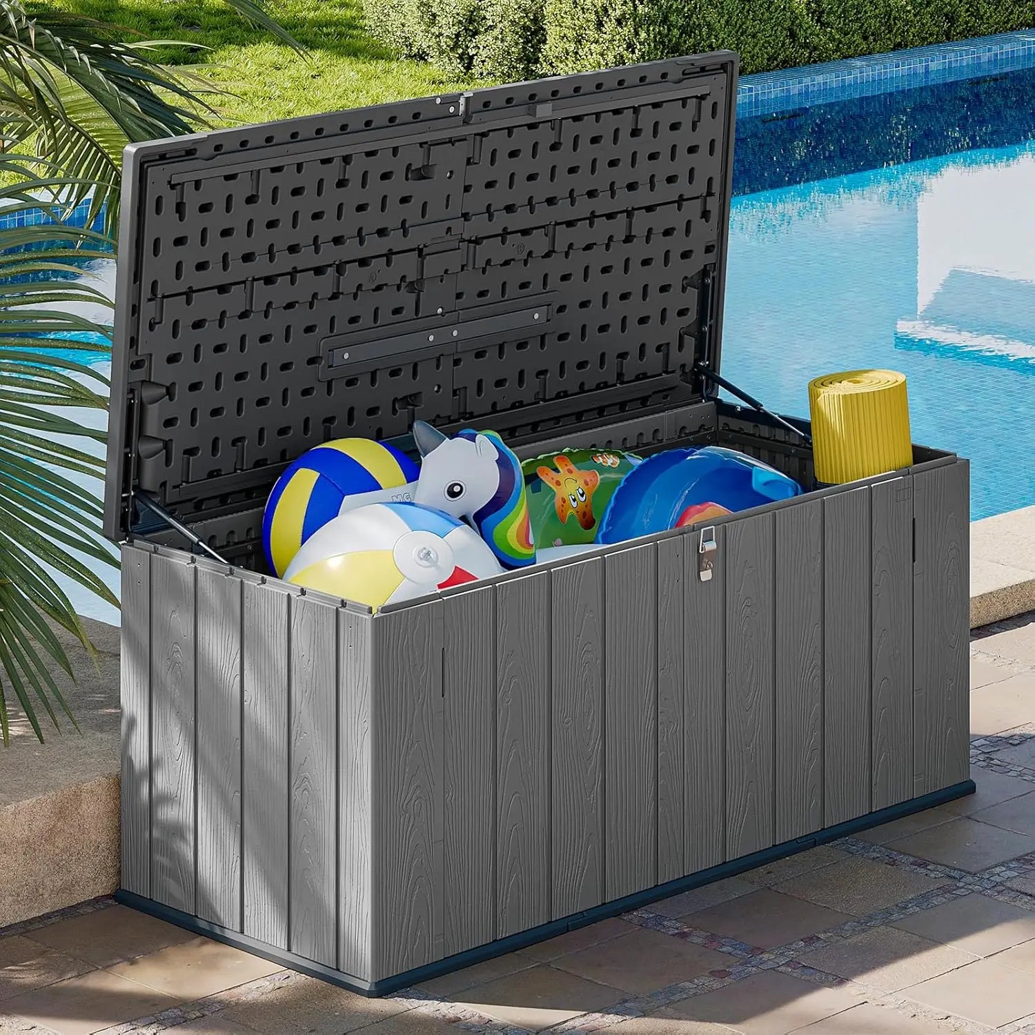 Aoxun 21 Cu Ft HDPE Outdoor Storage Box Waterproof Lockable Resin Deck Box With Spring Assisted Lid 5x2ft Garden Shed For Tools Pool Accessories Grey