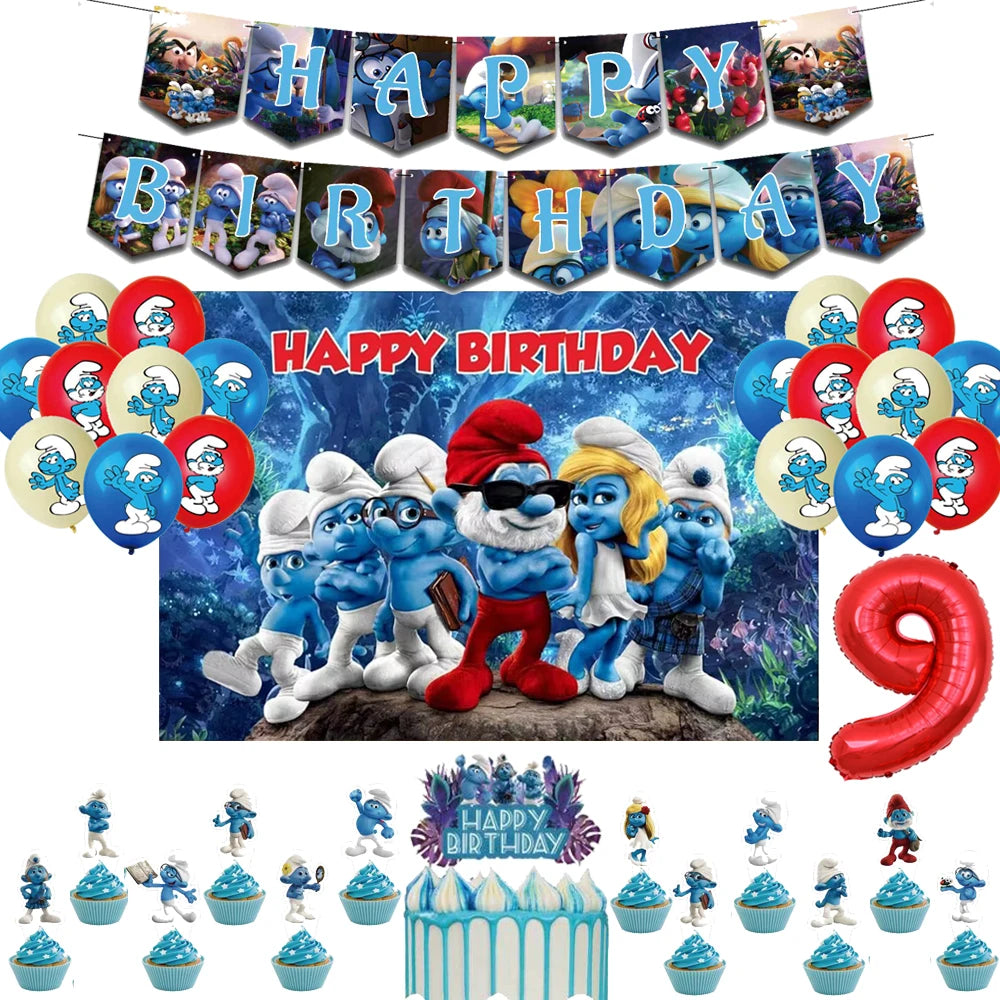Smurfsed Happy Birthday Decoration Party Supplies Balloon Banner Number Blue Elf Theme Backdrop Cake Topper Baby Shower Boy Girl