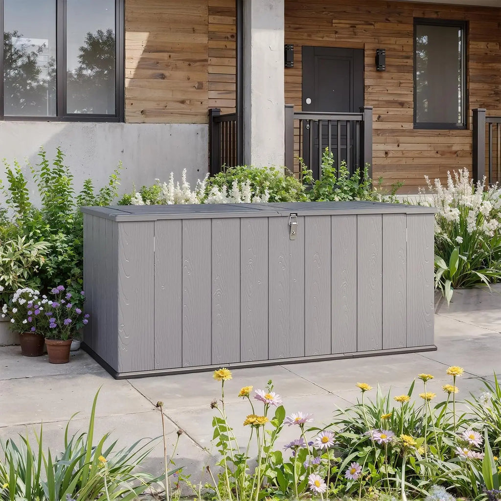 Aoxun 21 Cu Ft HDPE Outdoor Storage Box Waterproof Lockable Resin Deck Box With Spring Assisted Lid 5x2ft Garden Shed For Tools Pool Accessories Grey