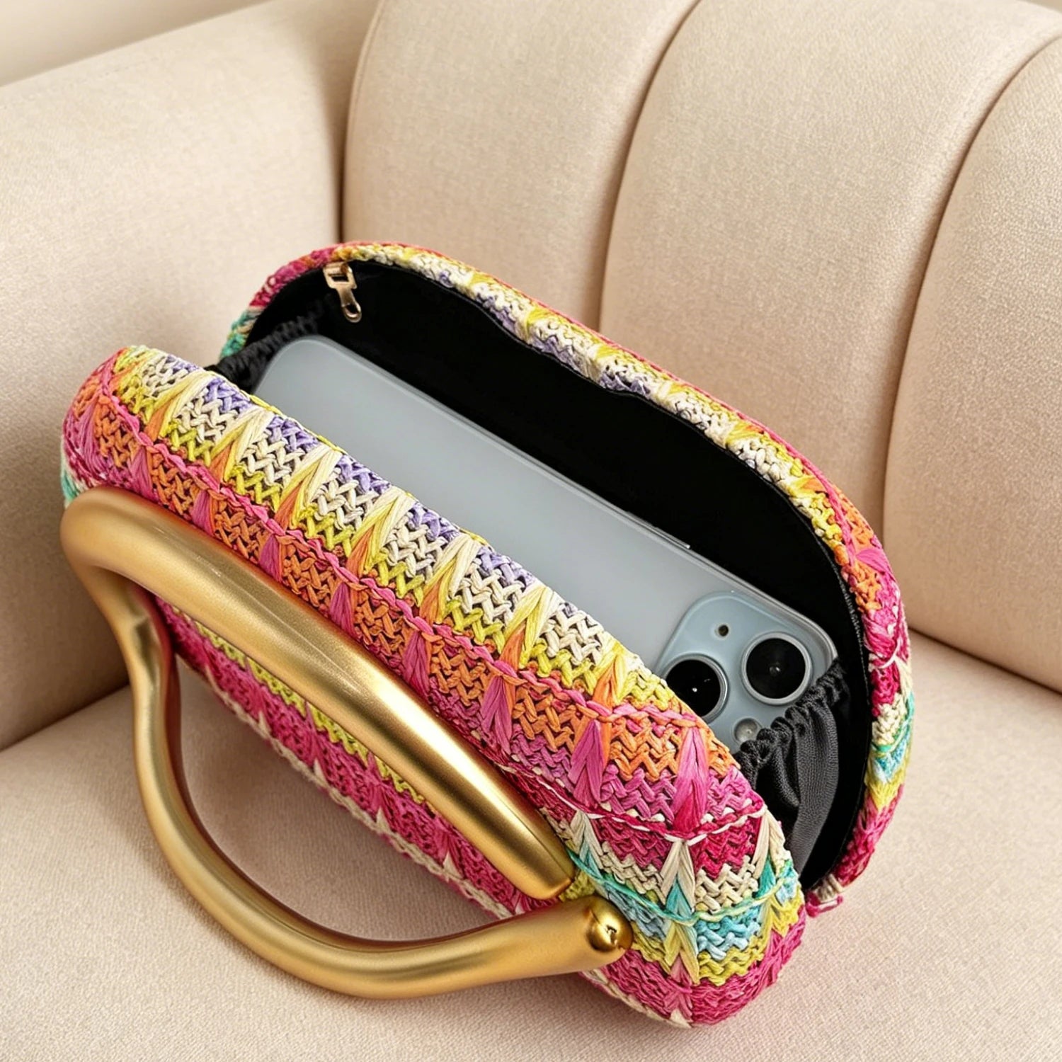Stylish and colorful woven women's evening bag luxurious metal buckle box shaped clutch gold chain crossbody party evening bag