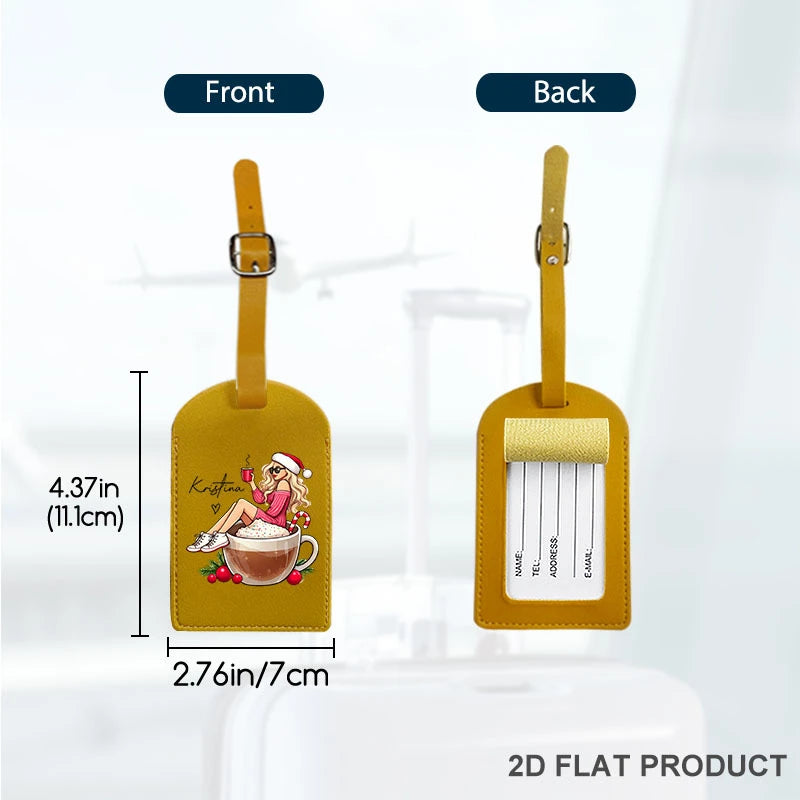 Customizable Luggage Tag Cute Coffee Girl Graphic PU Travel Identifier Bag Accessories Perfect for Suitcases Backpacks