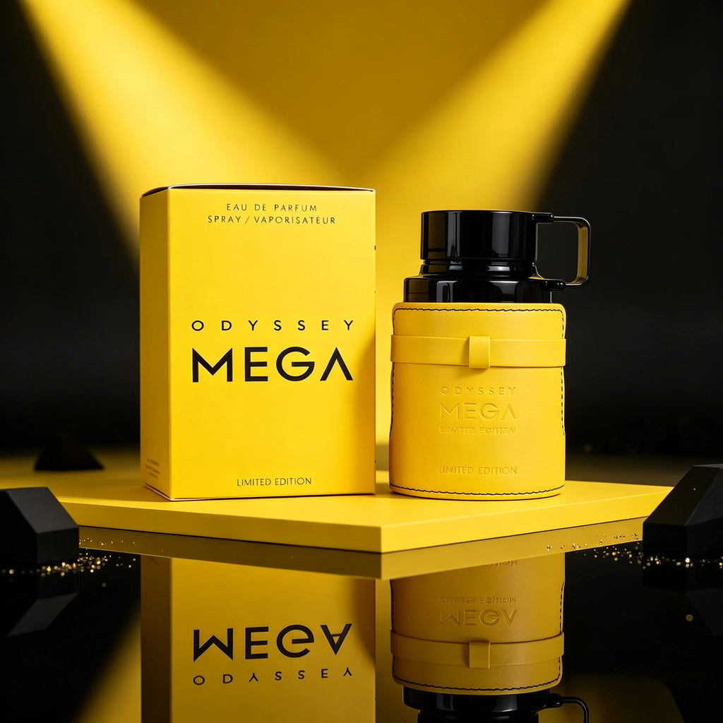 Armaf Odyssey Mega Limited Edition EDP 100ml Citrus Aromatic Fresh Spicy Sweet Woody Fresh Scent Men Perfume Yellow Leather Wrap Kettle Bottle Luxury Gift Box