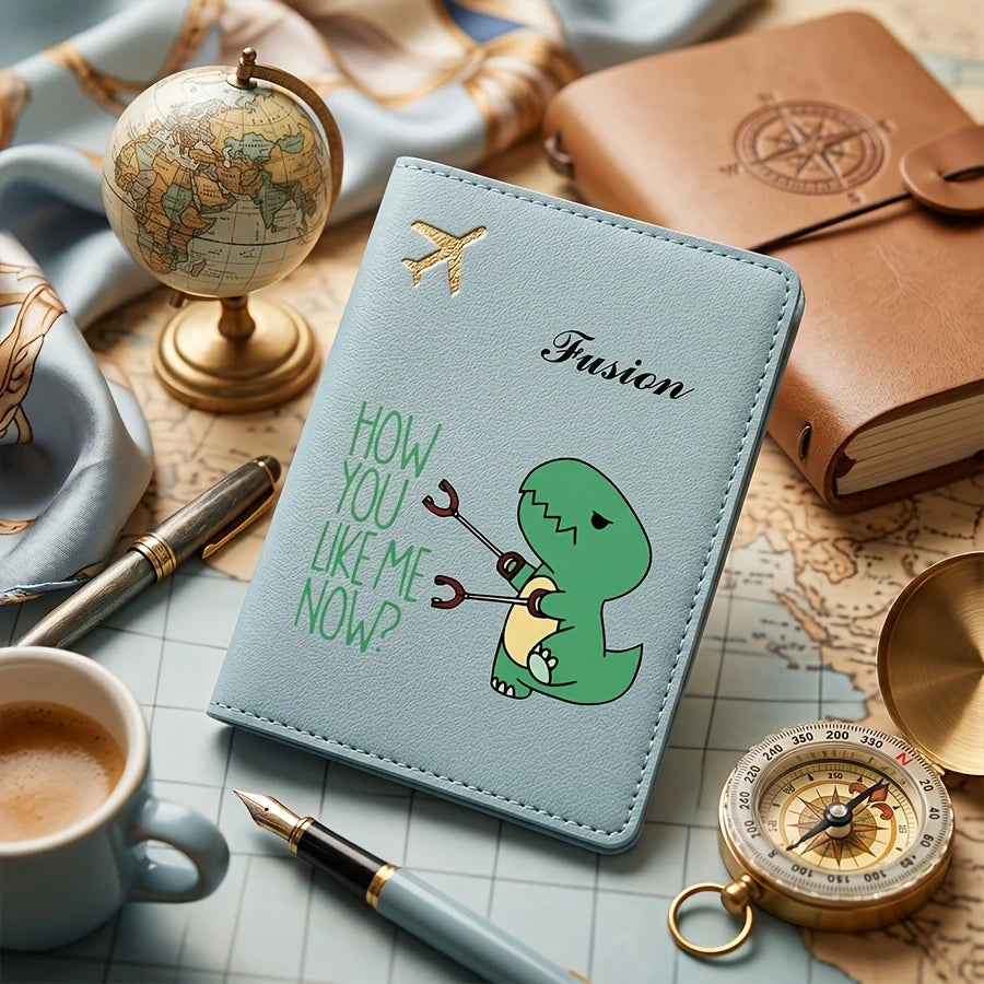 Personalized Passport Holder And Cover - Custom Name/Text, Cute Individual Dinosaur Design, Available in Pastel Or Black