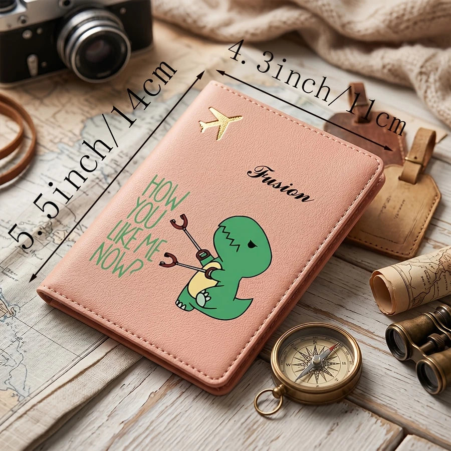 Personalized Passport Holder And Cover - Custom Name/Text, Cute Individual Dinosaur Design, Available in Pastel Or Black