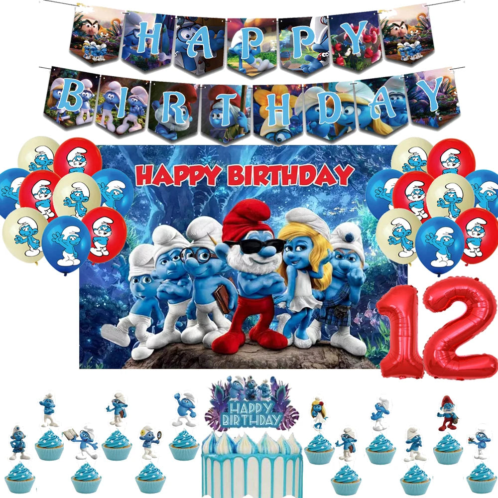 Smurfsed Happy Birthday Decoration Party Supplies Balloon Banner Number Blue Elf Theme Backdrop Cake Topper Baby Shower Boy Girl