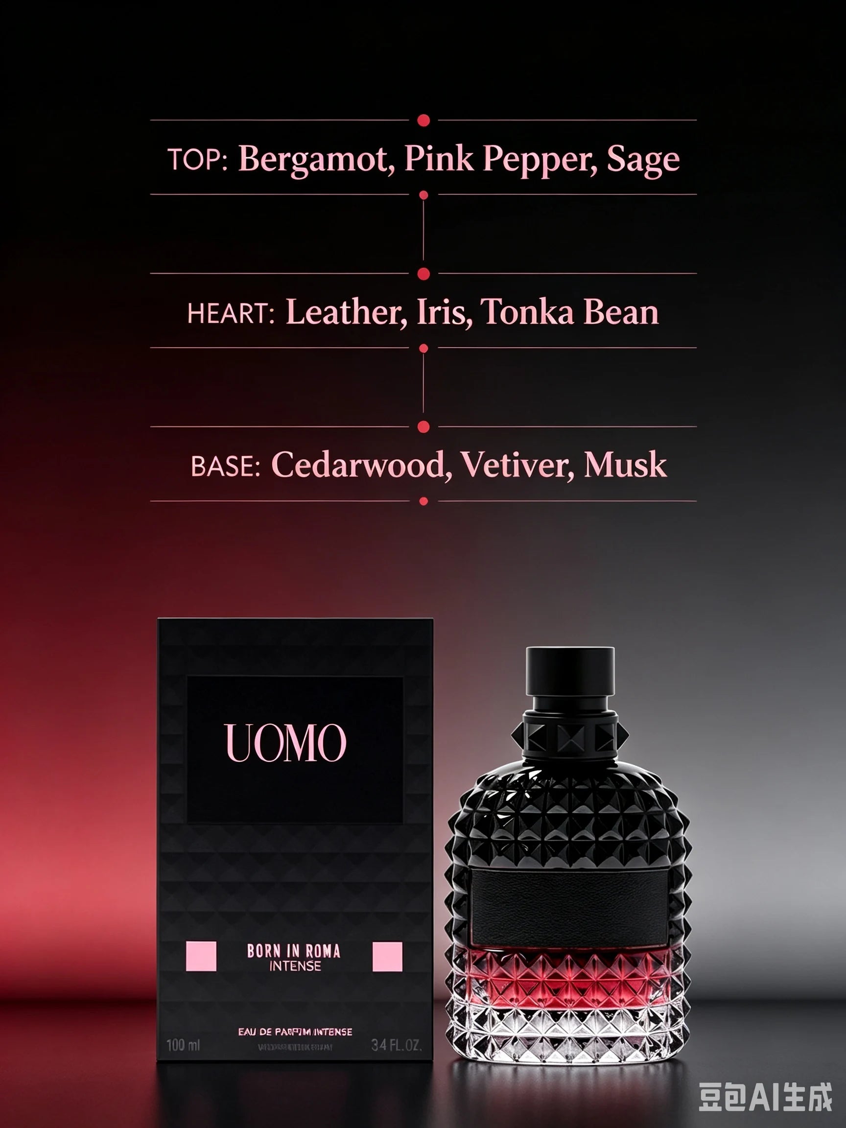 Uomo Born in Roma Intense EDP 3.4 Fl Oz 100ml, Deep Woody Leather Spicy Aromatic Men's Cologne with Bergamot Lavender Vanilla Cedar Musk, Long Lasting Bold Scent with Strong Projection for Night Out Date Evening Fall Winter,