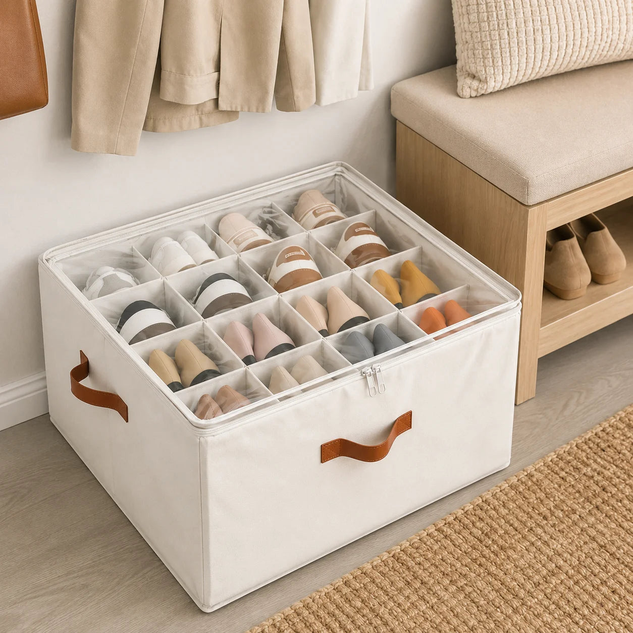 Foldable Shoe Storage Container, Closet Shoe Organizer Box with Clear Cover, Multi Compartment Fabric Storage Bin, Zippered Shoe Storage Case