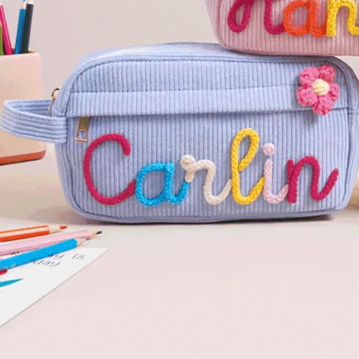 1pc Custom Corduroy Makeup Bag: Personalized yarn name bag, stylish and simple mini portable storage bag with large capacity