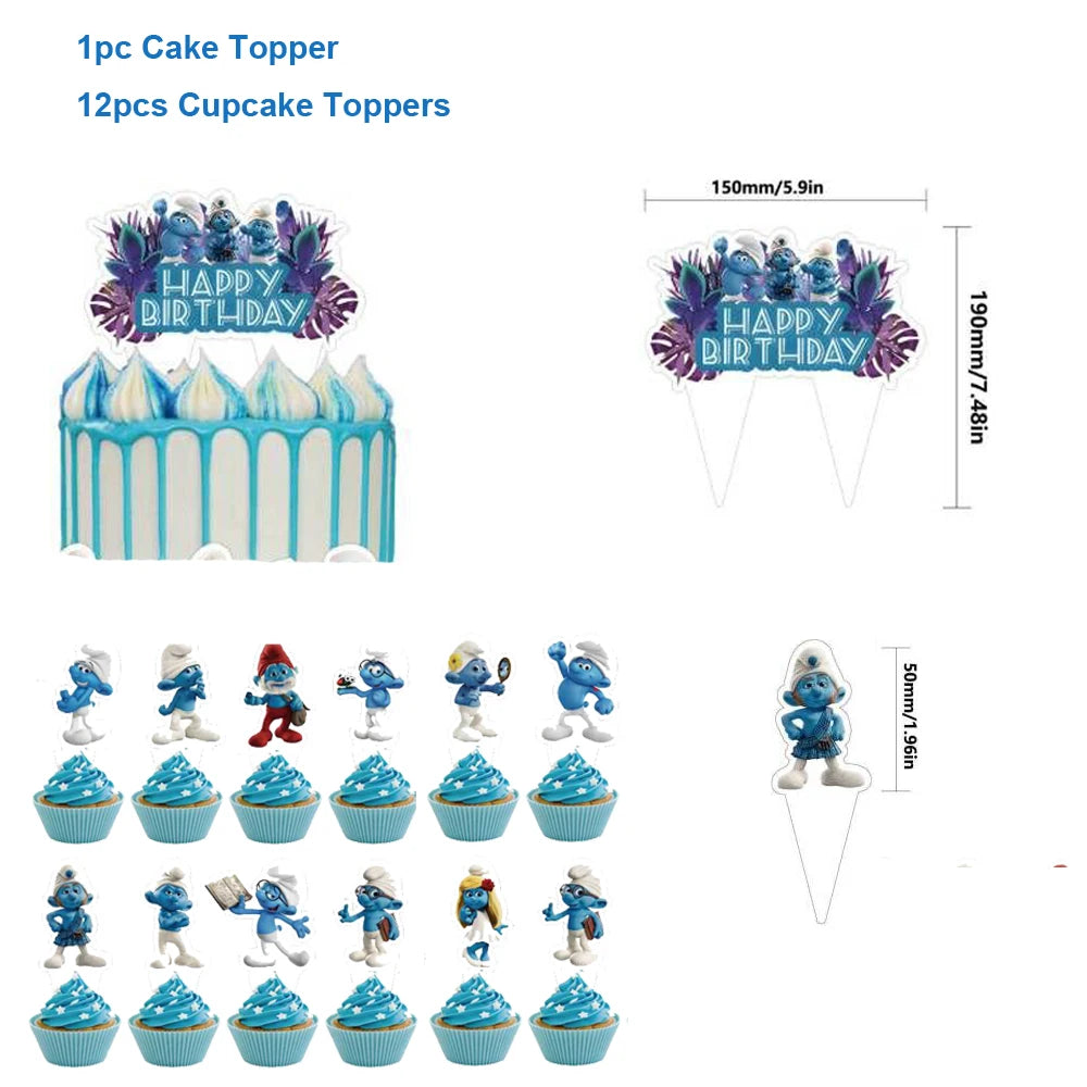 Smurfsed Happy Birthday Decoration Party Supplies Balloon Banner Number Blue Elf Theme Backdrop Cake Topper Baby Shower Boy Girl