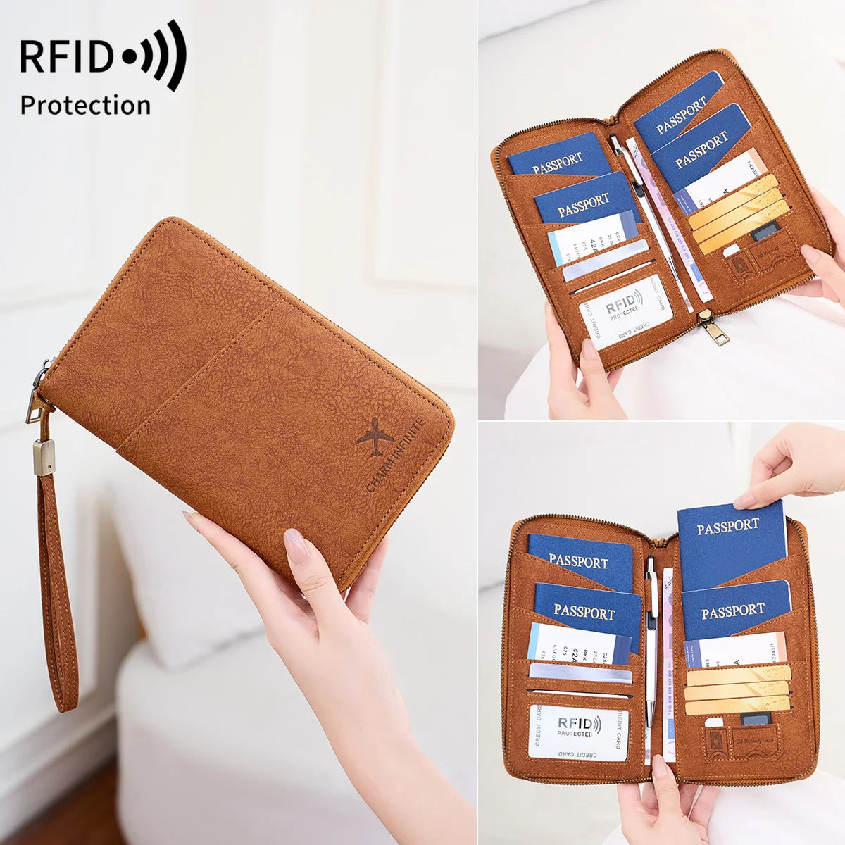 New Large Capacity RFID Anti-Magnetic Passport Holder with Zipper Multi-Function Travel Wallet for Documents And Tickets  Wallet