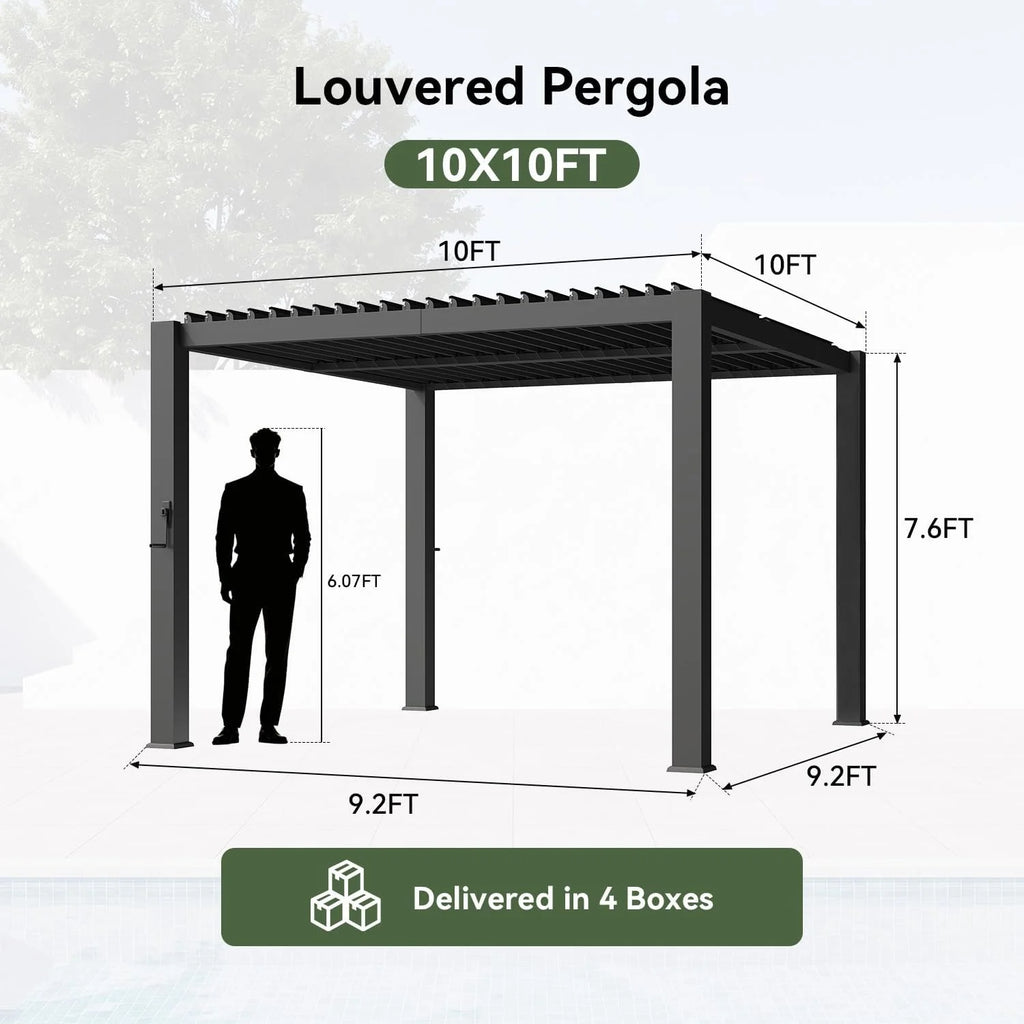 Aoxun 10x10FT Louvered Aluminum Pergola Adjustable Roof Metal Pergola for Decks Gardens Backyards Easy Assembly Gray