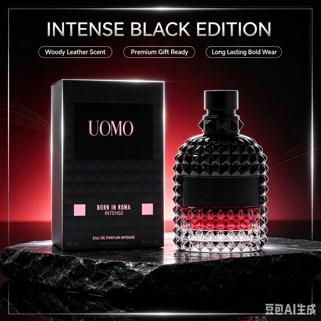 Uomo Born in Roma Intense EDP 3.4 Fl Oz 100ml, Deep Woody Leather Spicy Aromatic Men's Cologne with Bergamot Lavender Vanilla Cedar Musk, Long Lasting Bold Scent with Strong Projection for Night Out Date Evening Fall Winter,