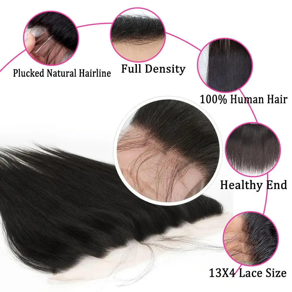 Brazilian Straight Human Hair Bundles with Frontal Closure 100% Virgin Hair Straight Weave 3 Bundles with 13x4 Lace Frontal Hair
