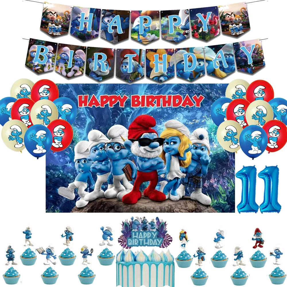 Smurfsed Happy Birthday Decoration Party Supplies Balloon Banner Number Blue Elf Theme Backdrop Cake Topper Baby Shower Boy Girl