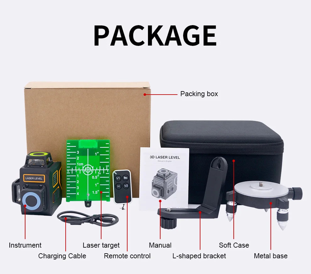 BOAYAL Laser Level Self Leveling 3x360° 3D 12 Green Cross Line for Construction 4000mAh Rechargeable battery Remote Controller
