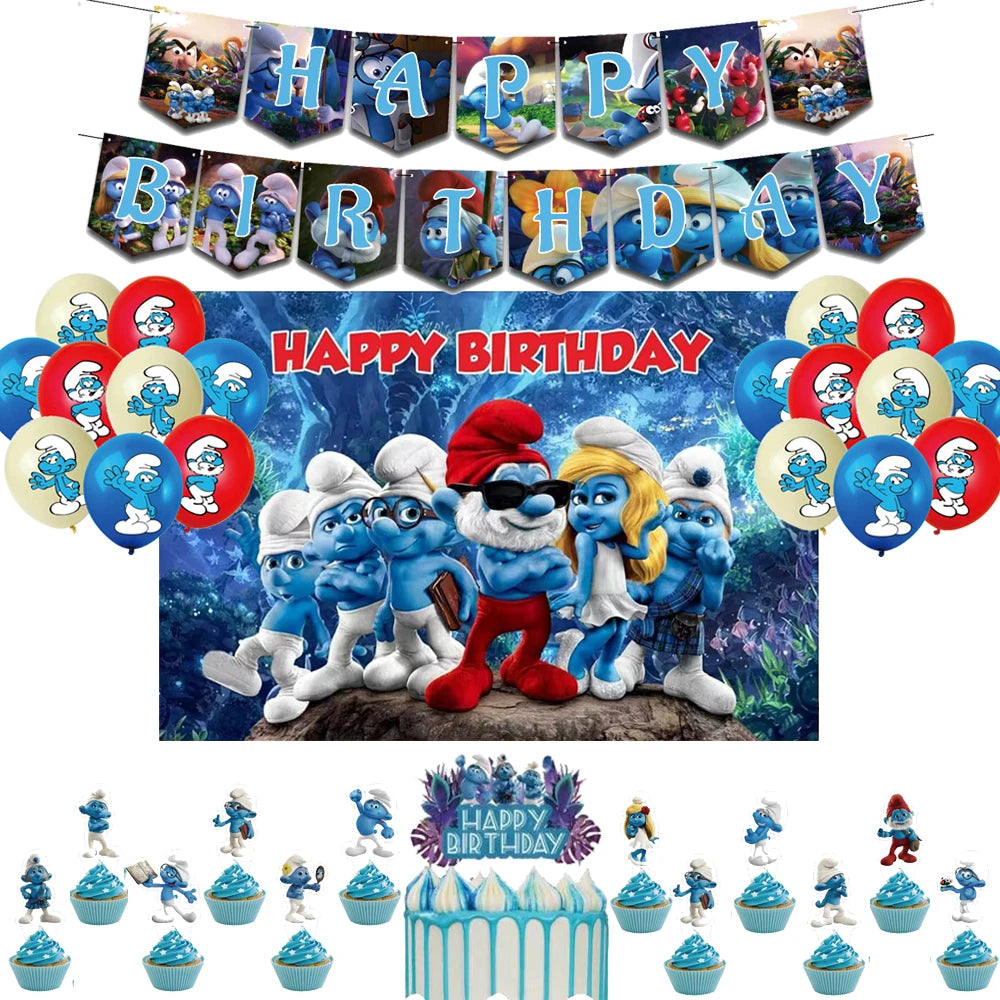 Smurfsed Happy Birthday Decoration Party Supplies Balloon Banner Number Blue Elf Theme Backdrop Cake Topper Baby Shower Boy Girl