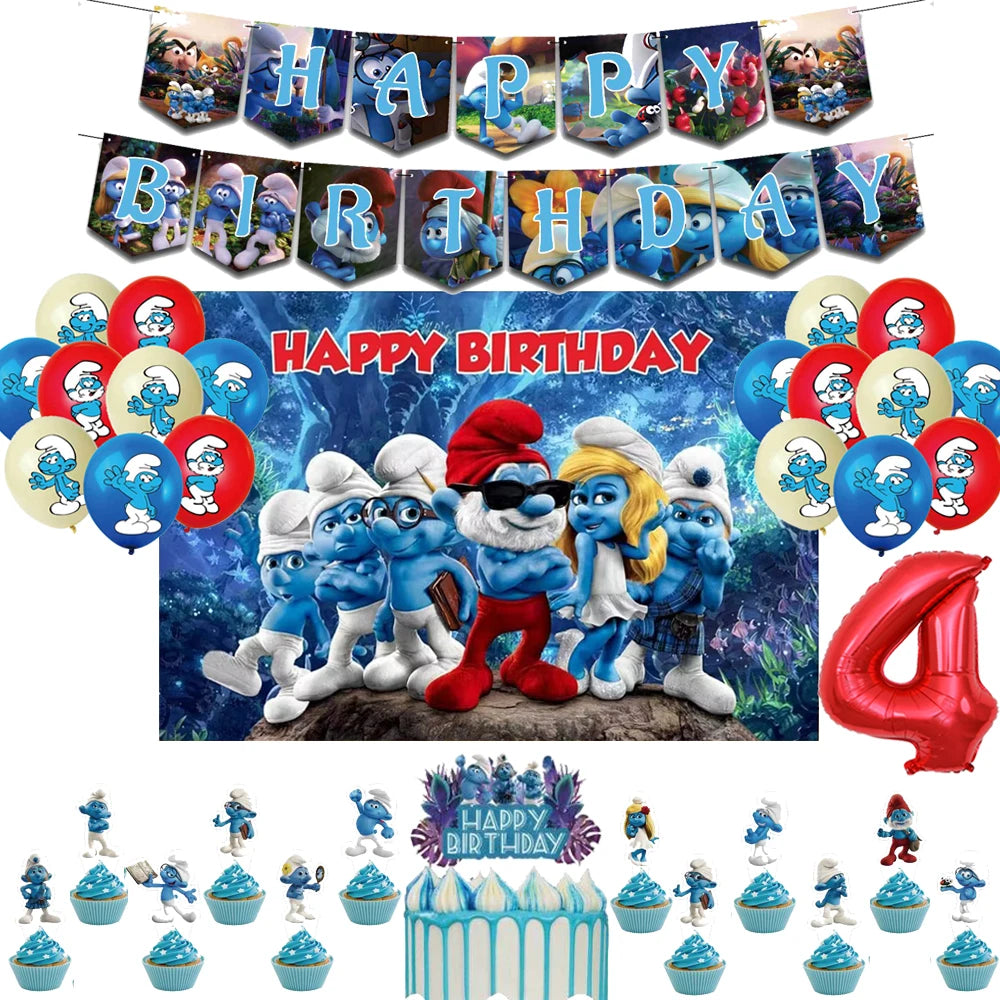 Smurfsed Happy Birthday Decoration Party Supplies Balloon Banner Number Blue Elf Theme Backdrop Cake Topper Baby Shower Boy Girl