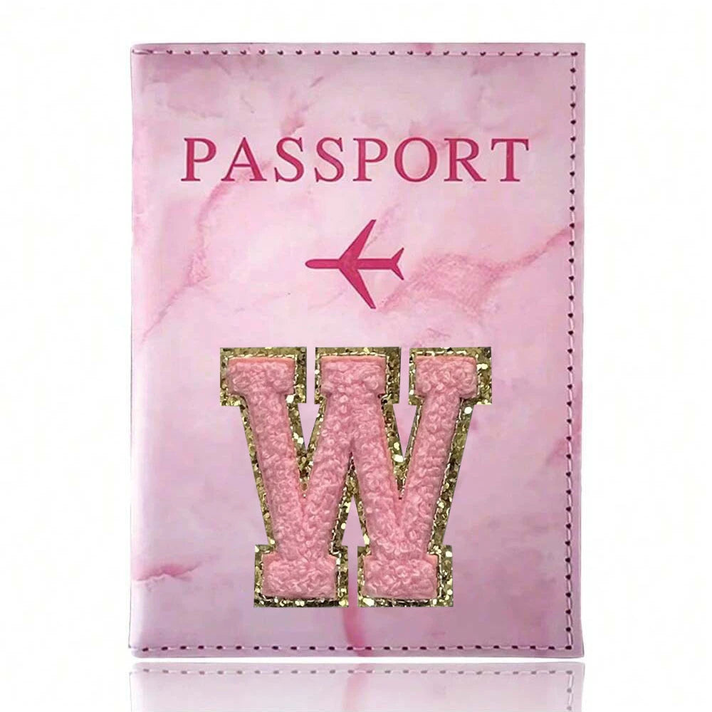 Pink Embroidery A-Z Letter Passport Cover Travel Wallet Card Holder Portable Document Case Nice Holiday Travel Gift