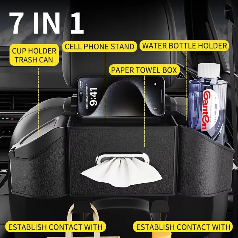 7-in-1 Car Back Seat Storage Box, Headrest Mount Tissue Box Trash Can Cup Holder Hook Multi-Function Rear Organizer