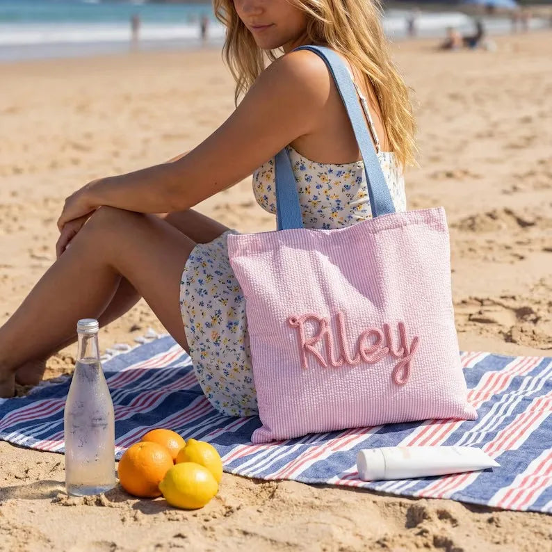 Personalized Beach Tote Bag — Lined Beach Bag with Inner Pocket — Personalized Zippered Tote — Summer Hobo Bag — Bridesmaid Gift