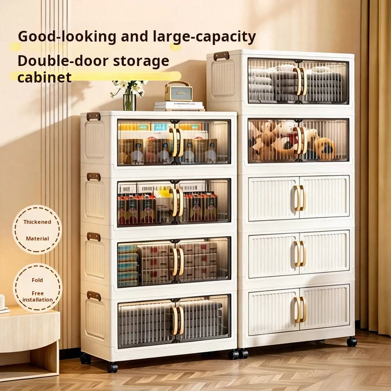 23.62in 3/4/5 Tier Foldable Plastic Storage Cabinet with Wheels, Double Transparent Door Organizer, Large Storage Chest, No Assembly Closet Organizer with Latches for Bedroom Kitchen, Cream White