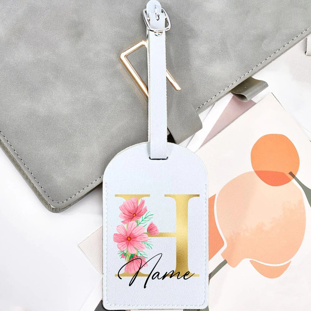 Personalised Golden Letters + Flower Luggage Tag, Custom Name Suitcase Label Baggage Tags Travel Accessorie
