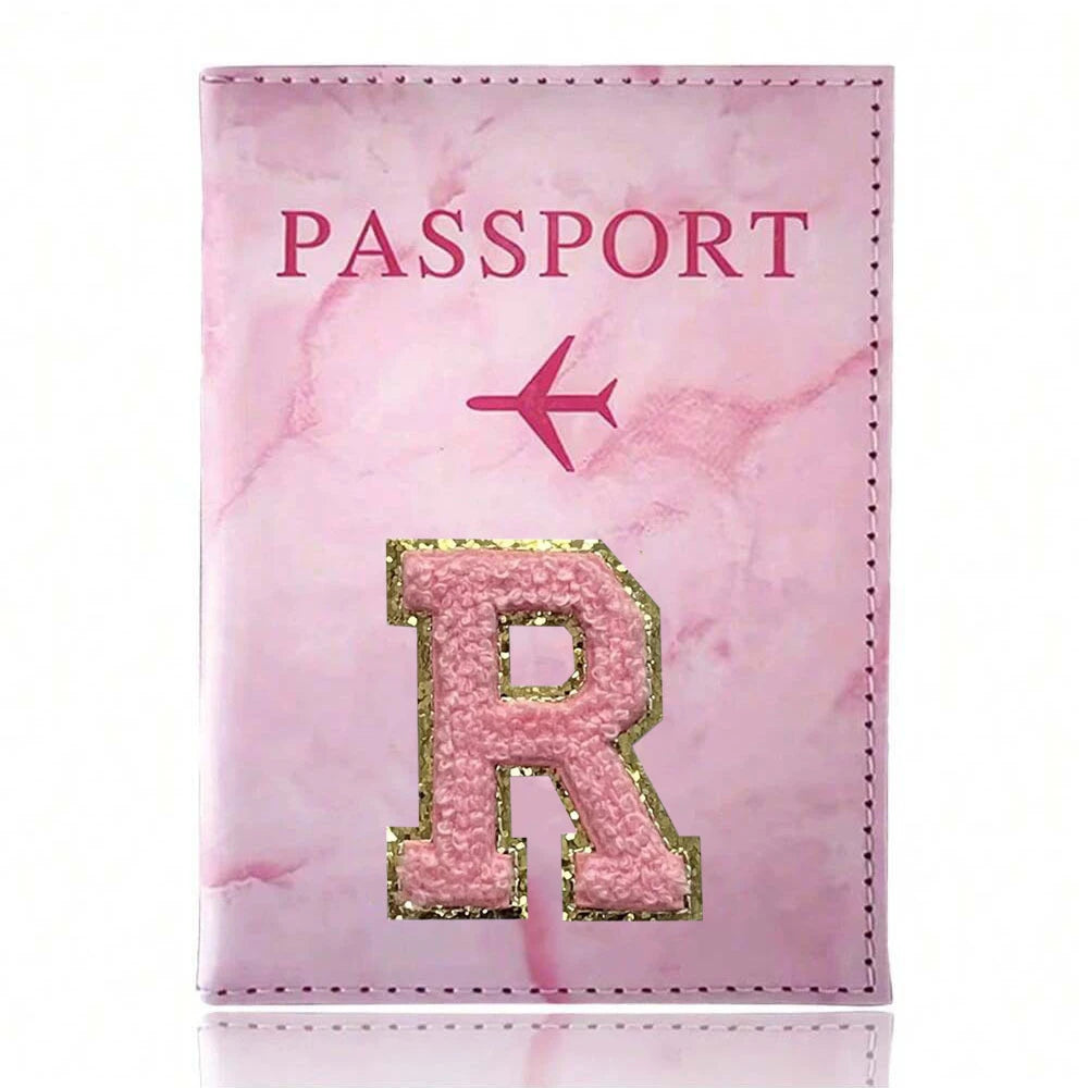 Pink Embroidery A-Z Letter Passport Cover Travel Wallet Card Holder Portable Document Case Nice Holiday Travel Gift