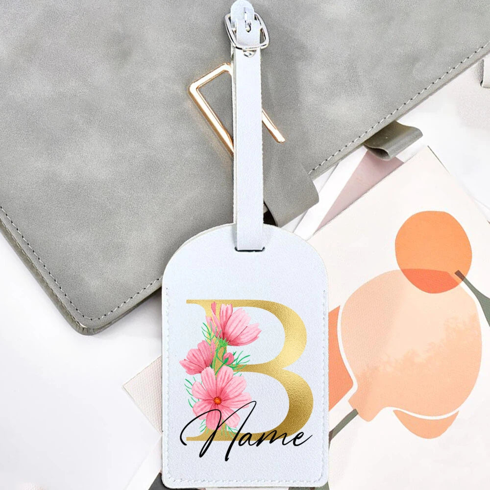 Personalised Golden Letters + Flower Luggage Tag, Custom Name Suitcase Label Baggage Tags Travel Accessorie