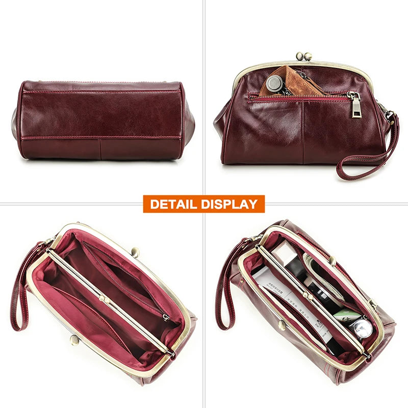 Genuine Leather Women Clutch Wallet Kiss Lock Design Luxury Female Purse Handbag Large Capacity Long Wallet Bag Phone Pocket