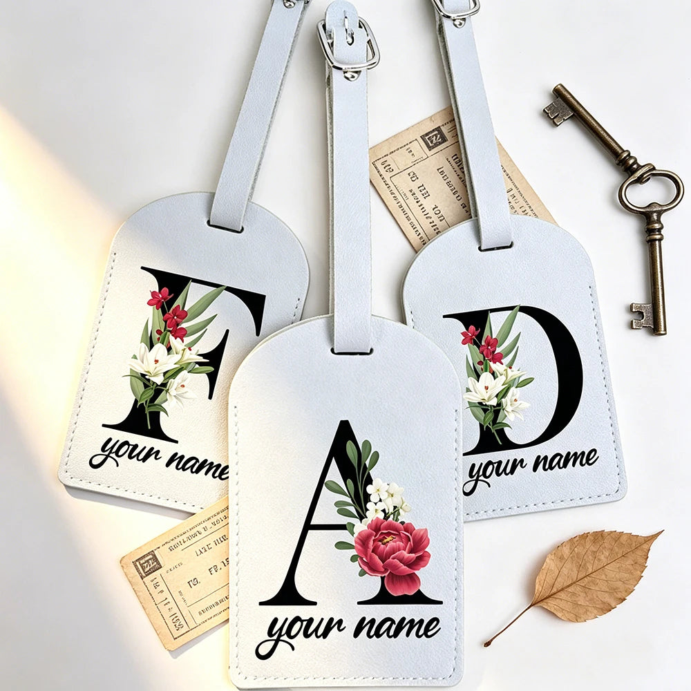 Black Floral Letter with Name Monogram Luggage Tag for Suitcase Baggage Handbag Tags Travel Bag Label Tag Personalised Gift