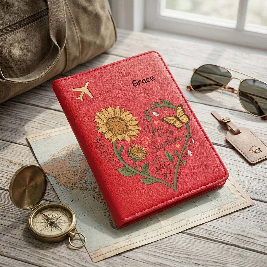 Personalized Butterfly And Sunflower Vine Heart-Shaped Pattern Passport Cover, Customizable Name, Text Passport Book Storage