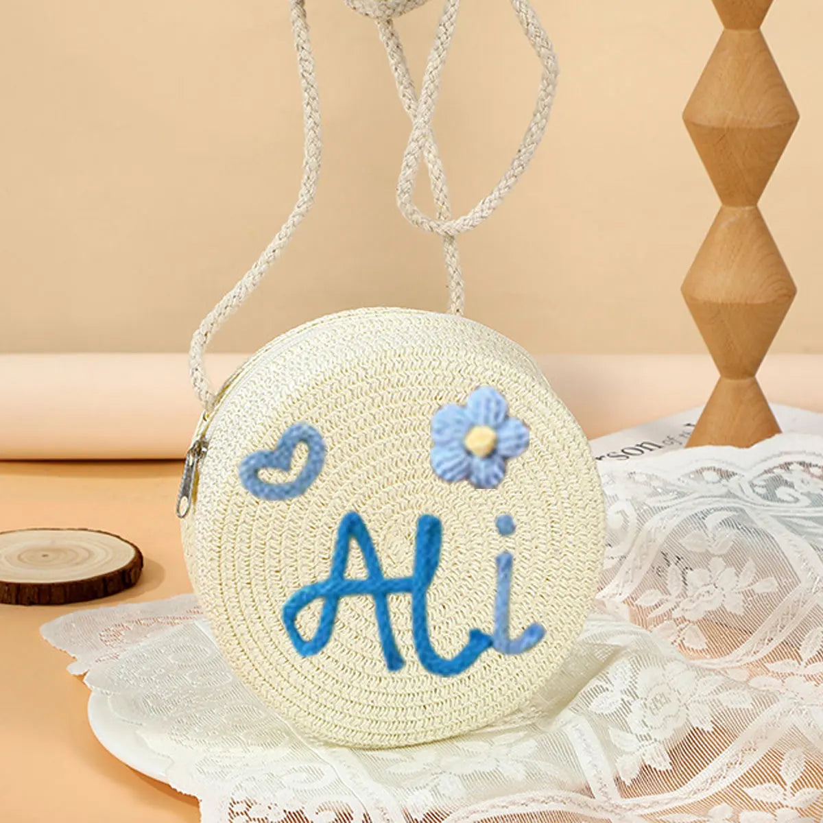 Personalized Custom Name Bag — Spring/Summer Round Straw Bag, Women's Beach Bag, Casual-Style Crossbody & Handbag