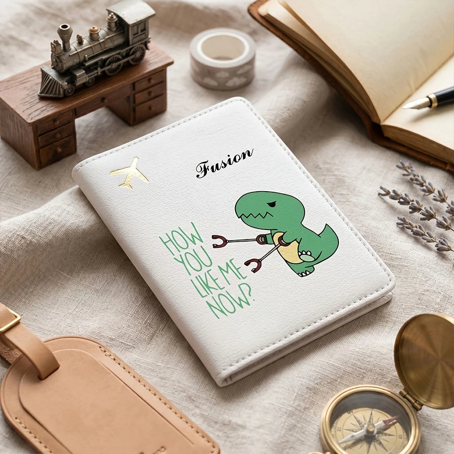 Personalized Passport Holder And Cover - Custom Name/Text, Cute Individual Dinosaur Design, Available in Pastel Or Black