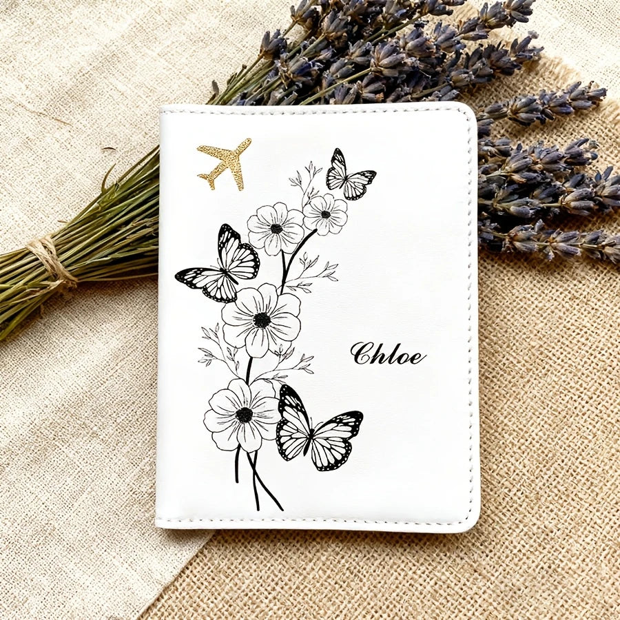 Personalized flower & butterfly passport case, stylish travel gift for birthdays, weddings & friends. Multi Colors