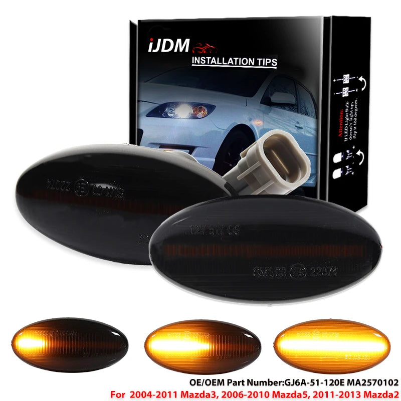 iJDM Dynamic Sequential Blink/Flow Amber Yellow Full LED Front Side Marker Light Assembly for Mazda 2 3 5 6 GG GY MPS BT-50 12V