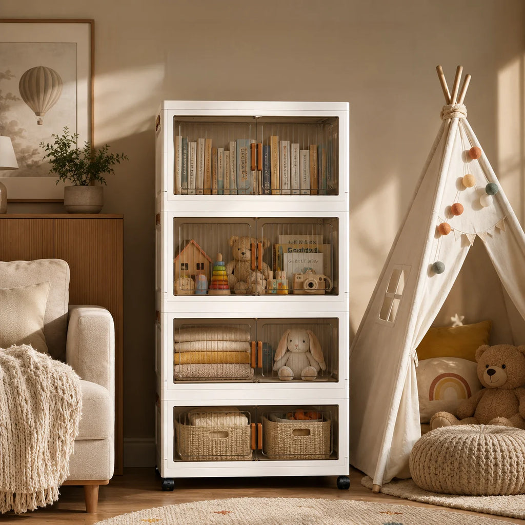 3/4/5-tier home office storage boxes, modular stackable and foldable storage cabinets, with semi-transparent compartments, double doors, and lockable wheels, dustproof foldable plastic storage boxes with wood grain handles, w