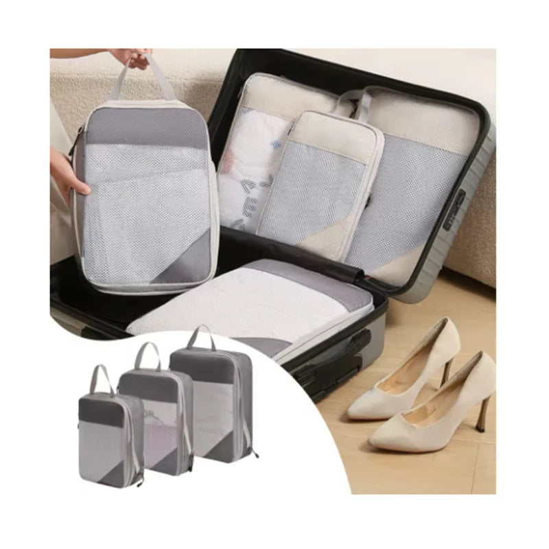 Set of 3 Compressible Packing Travel Storage Bags Cubes Waterproof Suitcase Nylon Portable with Handbag Luggage Organizer