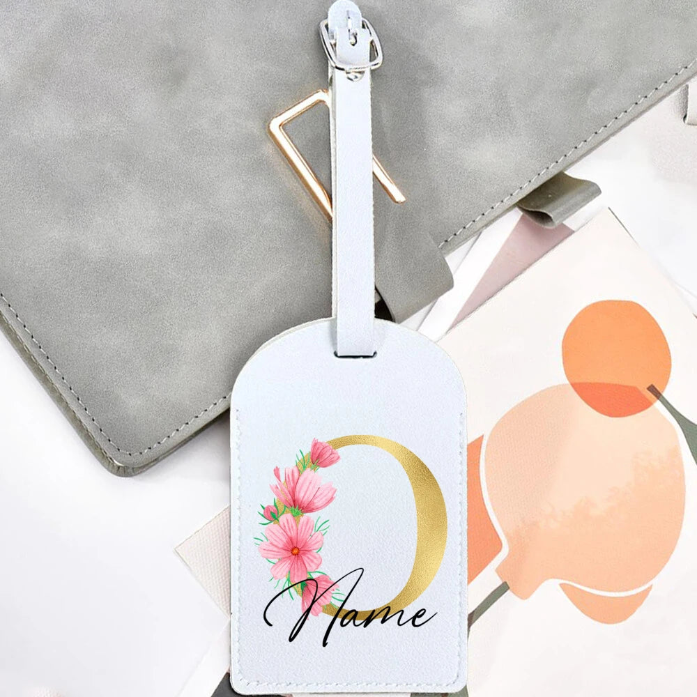 Personalised Golden Letters + Flower Luggage Tag, Custom Name Suitcase Label Baggage Tags Travel Accessorie