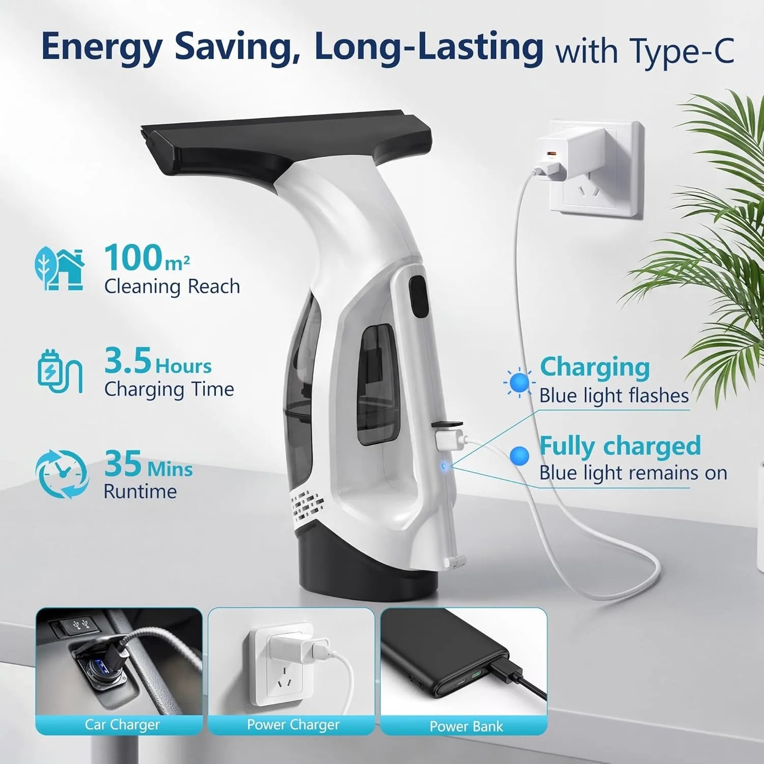 Window Vacuum Squeegee Cordless 2000Pa Electric Window Cleaner Tool with 2200mAh 150ml Water Collection Tank Window Cleaning Kit