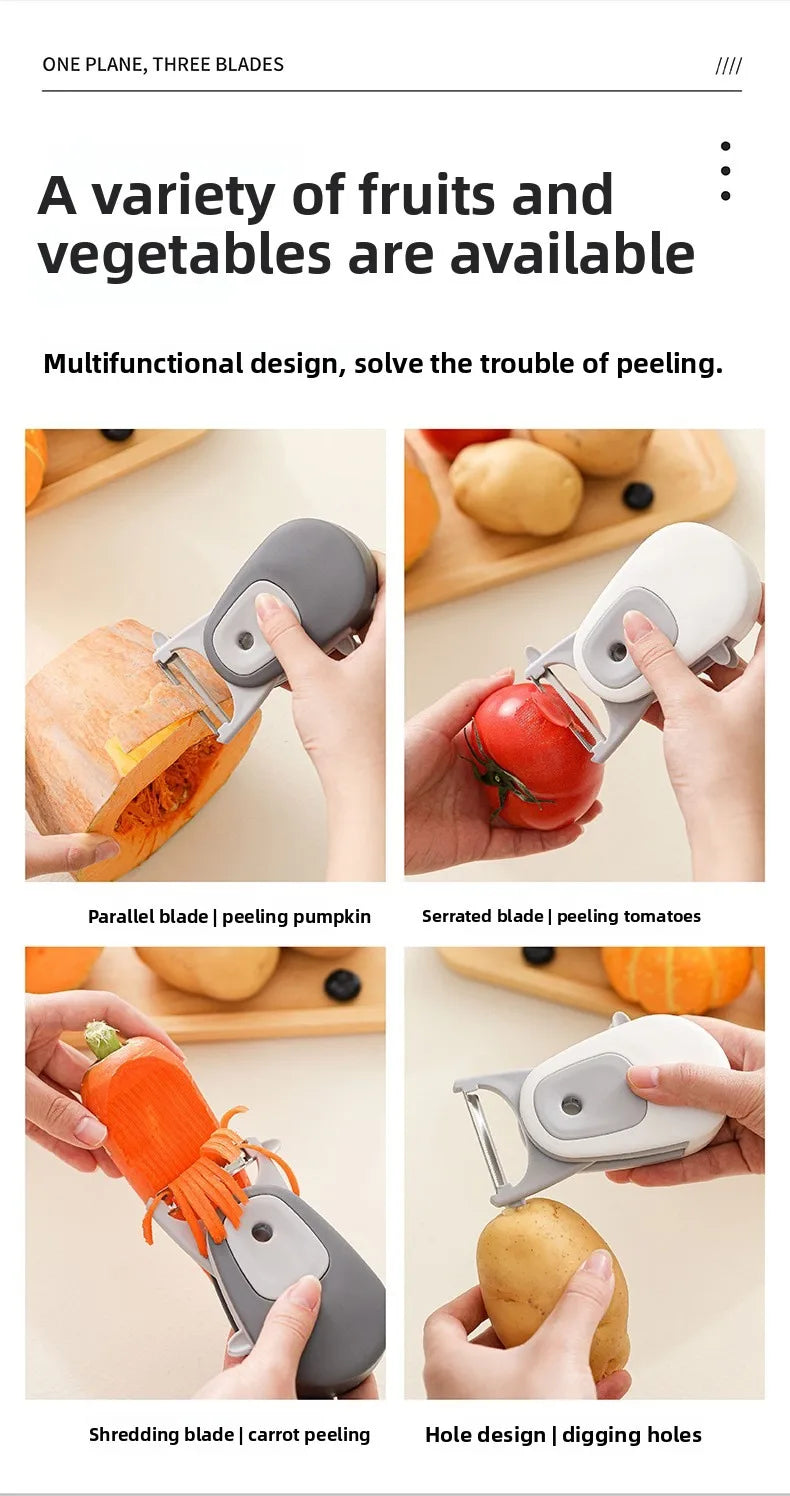 Portable 3-in-1 Fruit and Vegetable Peeler with Stainless Steel Blade Kitchen Scraper Tool