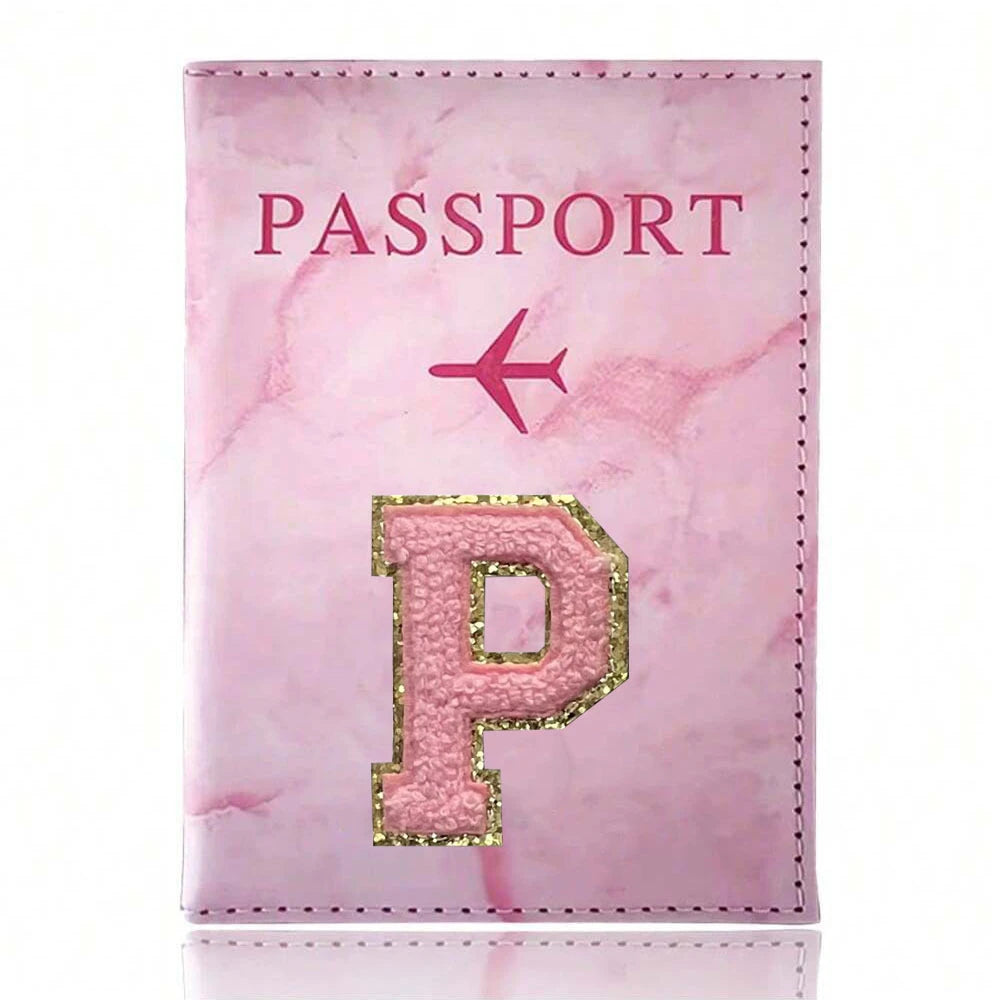 Pink Embroidery A-Z Letter Passport Cover Travel Wallet Card Holder Portable Document Case Nice Holiday Travel Gift