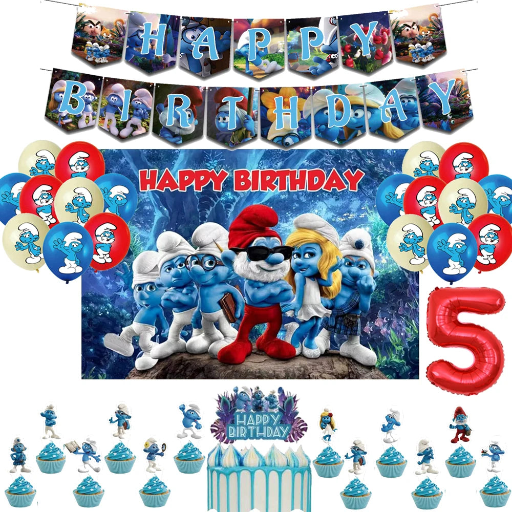 Smurfsed Happy Birthday Decoration Party Supplies Balloon Banner Number Blue Elf Theme Backdrop Cake Topper Baby Shower Boy Girl