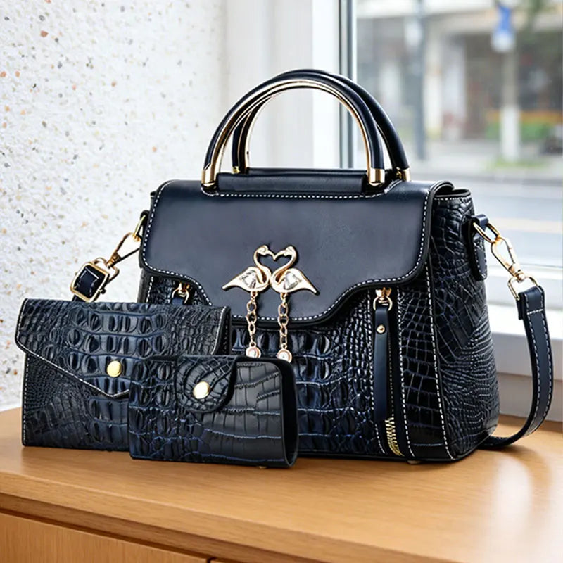 3-piece women's bag set, ladies handbag, crocodile pattern leather shoulder and crossbody bag, fliptop design bag, birthday gift