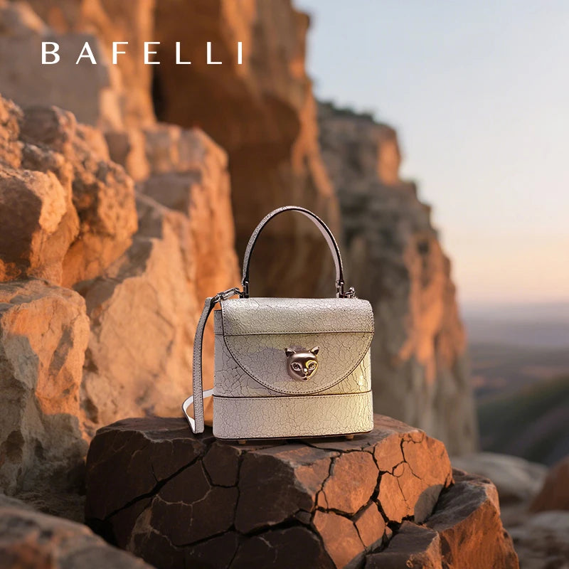 BAFELLI 2026 New Arrival: Unique Cracked Leather Shoulder Bag with Cat Head Design, Luxury Brand Mini Crossbody Bag