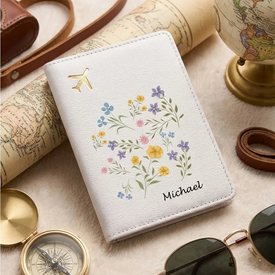 Custom Name Floral Passport Holder Pastel Black Travel Organizer For Passport Visa ID Women Travel Gift