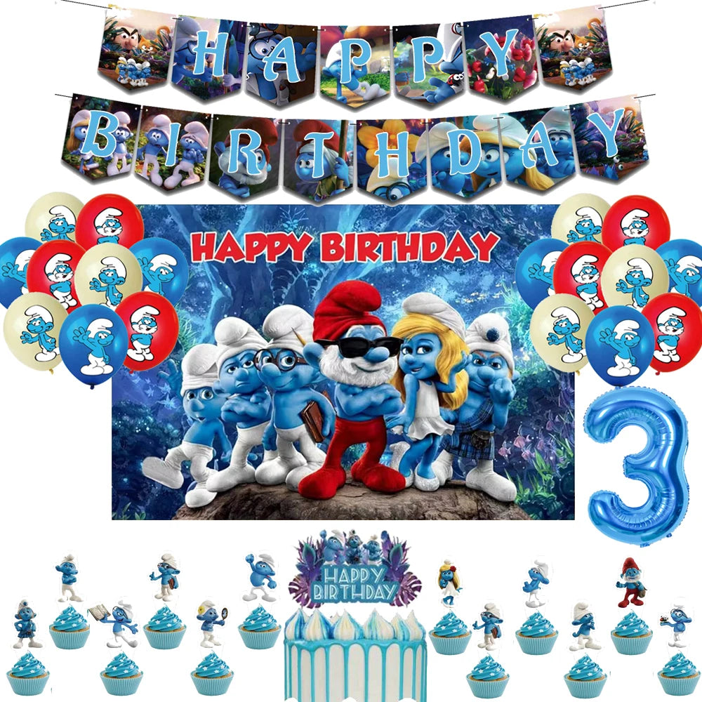 Smurfsed Happy Birthday Decoration Party Supplies Balloon Banner Number Blue Elf Theme Backdrop Cake Topper Baby Shower Boy Girl