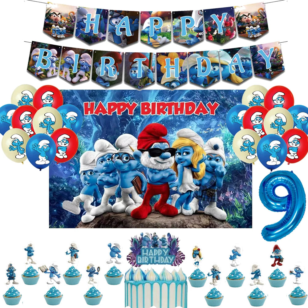 Smurfsed Happy Birthday Decoration Party Supplies Balloon Banner Number Blue Elf Theme Backdrop Cake Topper Baby Shower Boy Girl