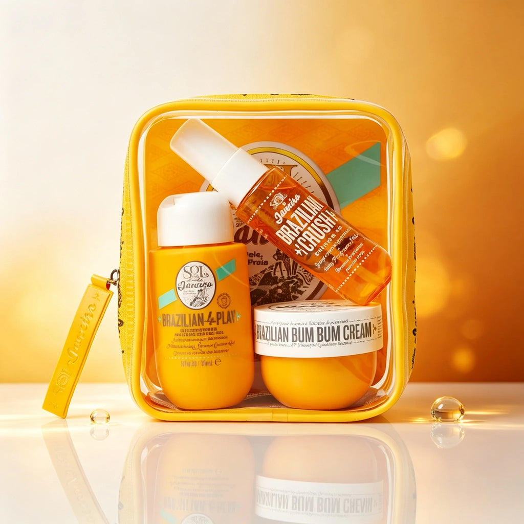 Sol de Janeiro Women's Body Care Travel Set, Moisturizing and Firming Tropical Caramel Nut-Scented Body Cream and Shower Spray, Clear Storage Pouch with Yellow Trim