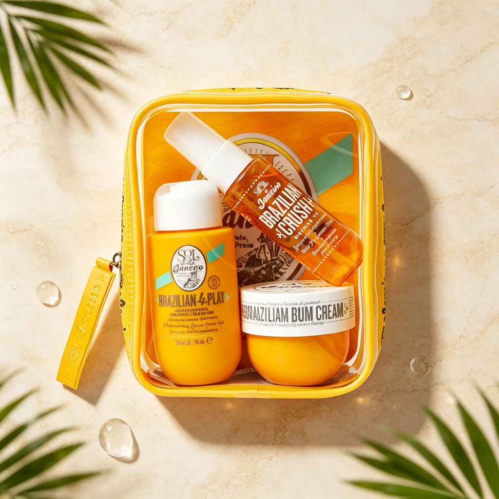 Sol de Janeiro Women's Body Care Travel Set, Moisturizing and Firming Tropical Caramel Nut-Scented Body Cream and Shower Spray, Clear Storage Pouch with Yellow Trim
